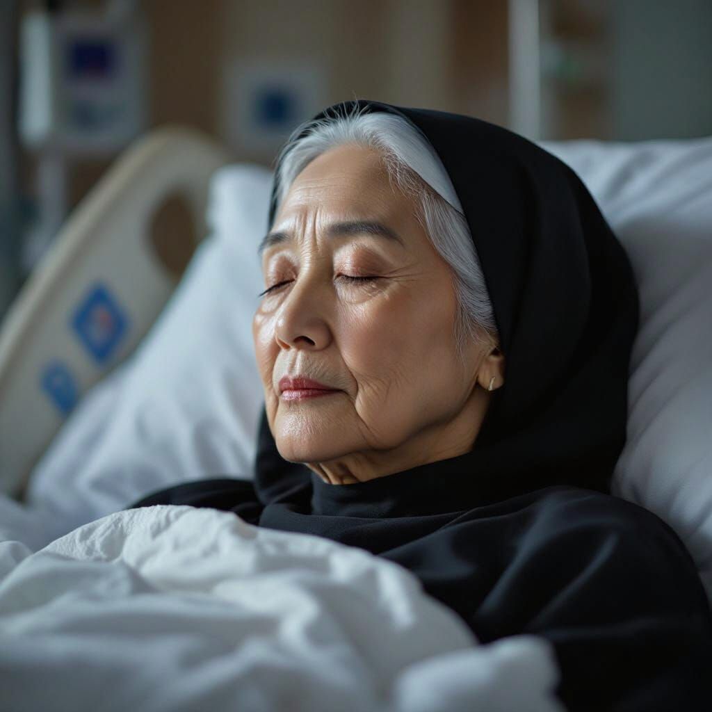 Elderly Nun's Peaceful Transition in Ethereal Hospital Light