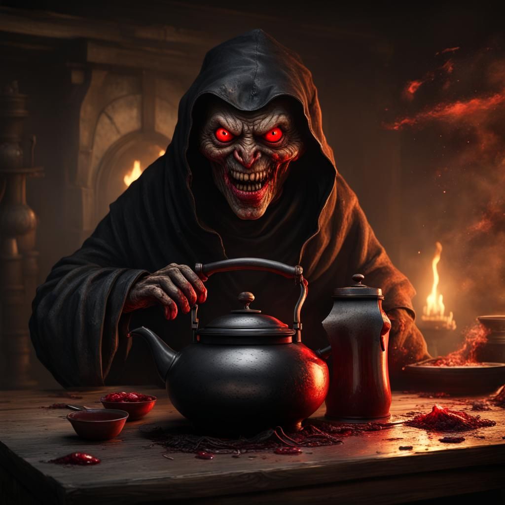 Black kettle with a evil face, glowing red eyes, dirty gross teeth, sitting on a table,