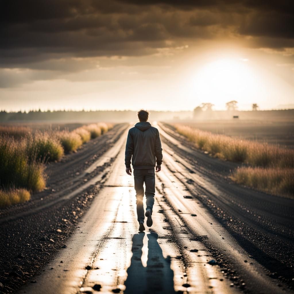 Nowhere man standing in the middle of a dirt road looking scruffy looking ghostly and faded.