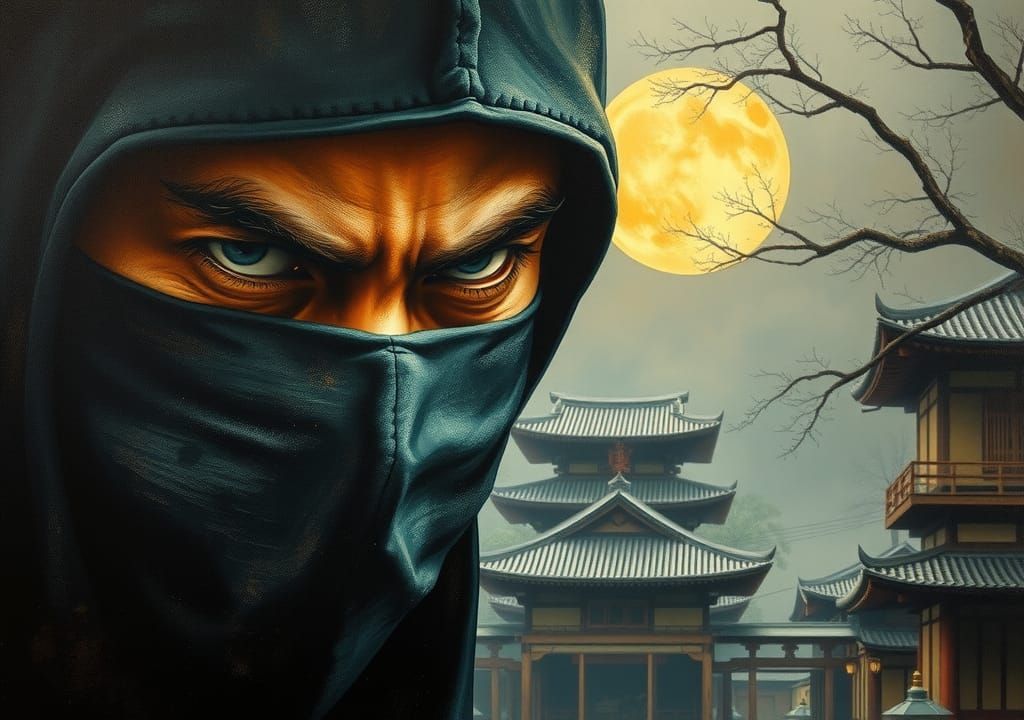 Ninja Double Exposure in Oil Painting Style