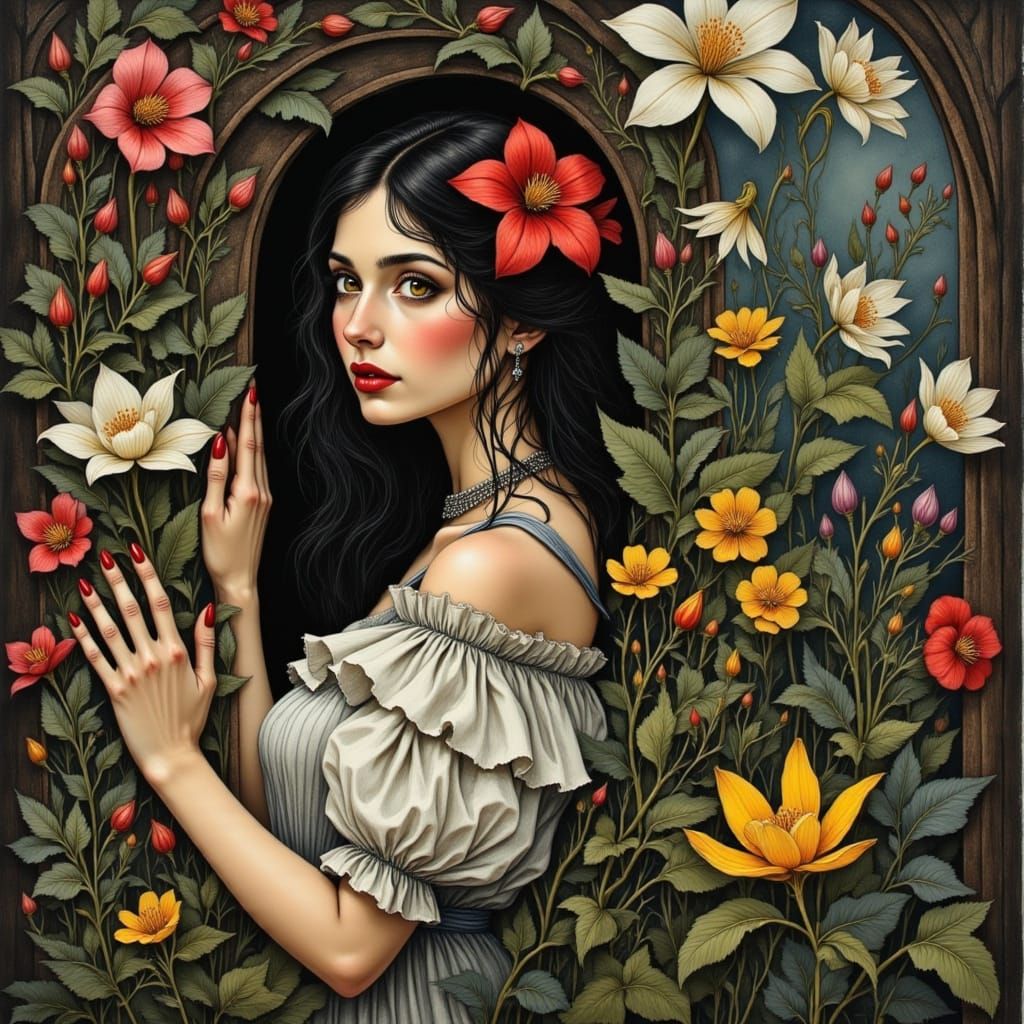 Ethereal Beauty in Fairytale Cottage, Oil Painting Style