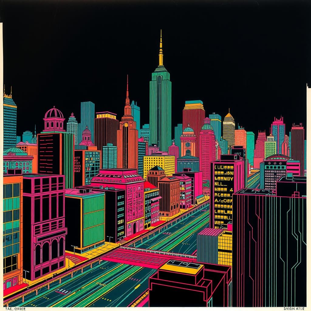 Vibrant Cityscape in Retro Geometric Style