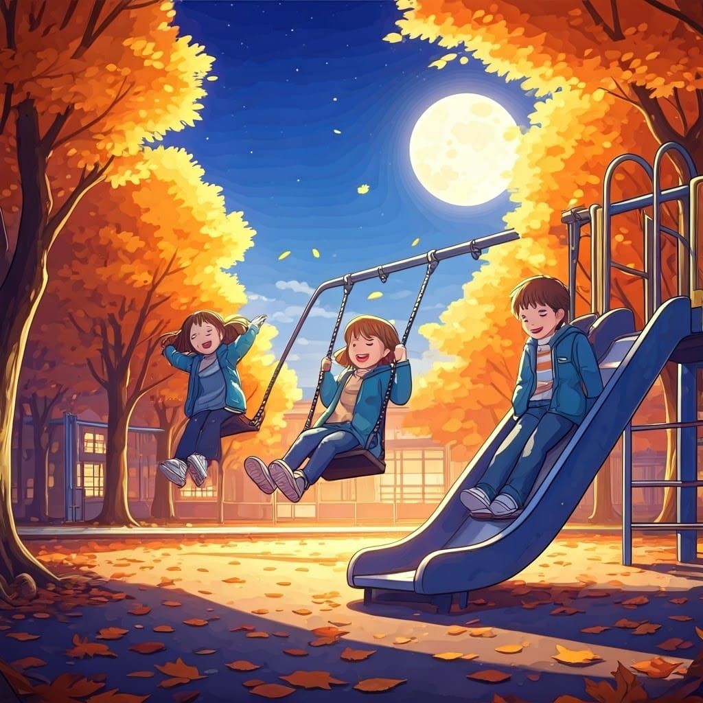 Kids' Autumn Evening Playground Fun: Cartoon Watercolor Styl...