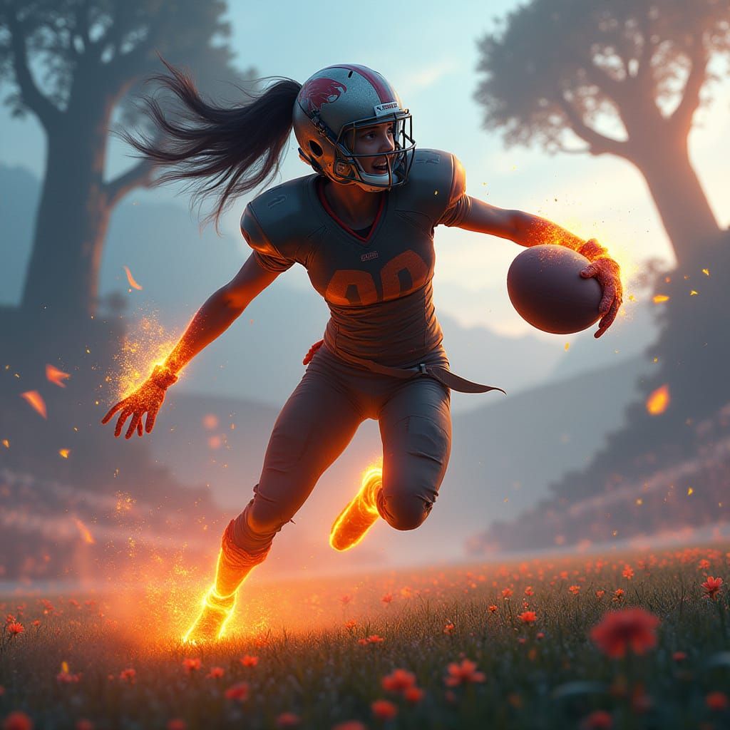 Fiery Female Football Star in Ancient Stadium