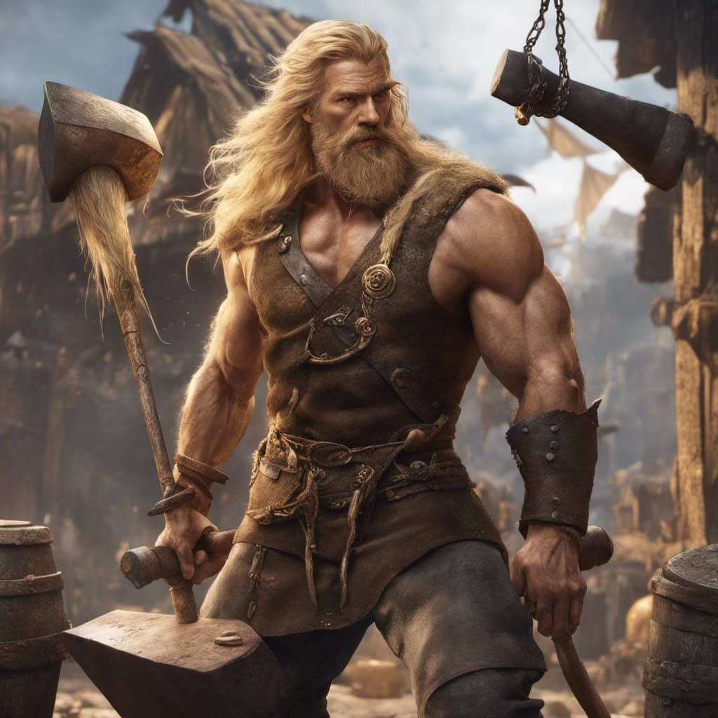 Norse Blacksmith at Anvil, Detailed Matte Painting