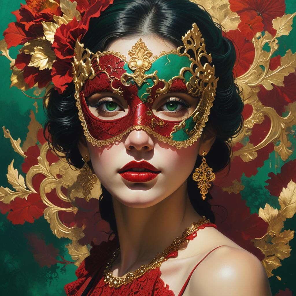 Chic Woman in Mask: Oil Painting Concept Art