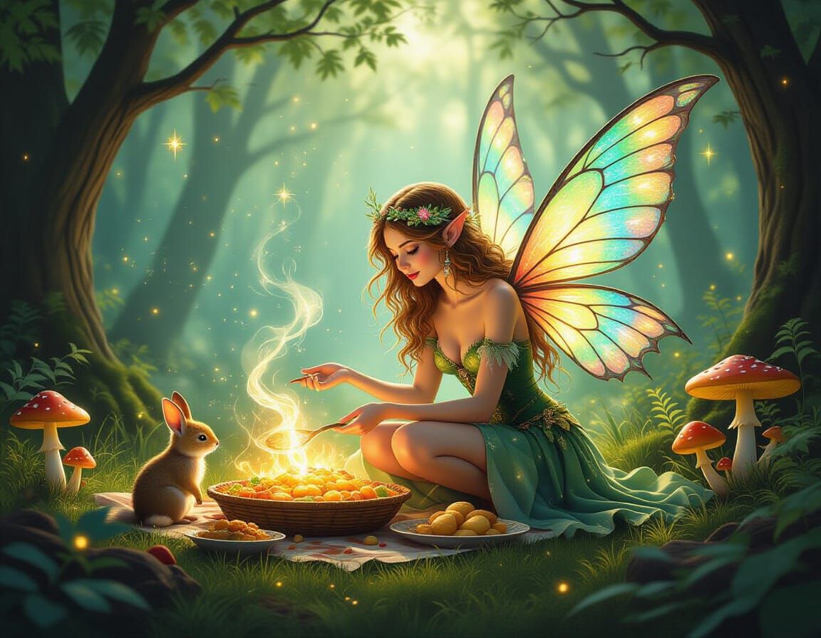 A faerie is conjuring a feast for her forest friends.