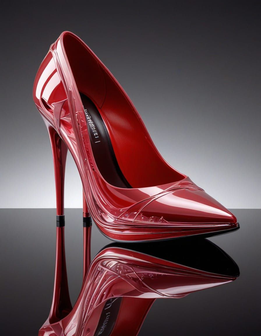 Detailed, exquisite stiletto high-heeled shoes crafted from glossy, transparent PVC, flaunting vibrant, bold red hues wi...