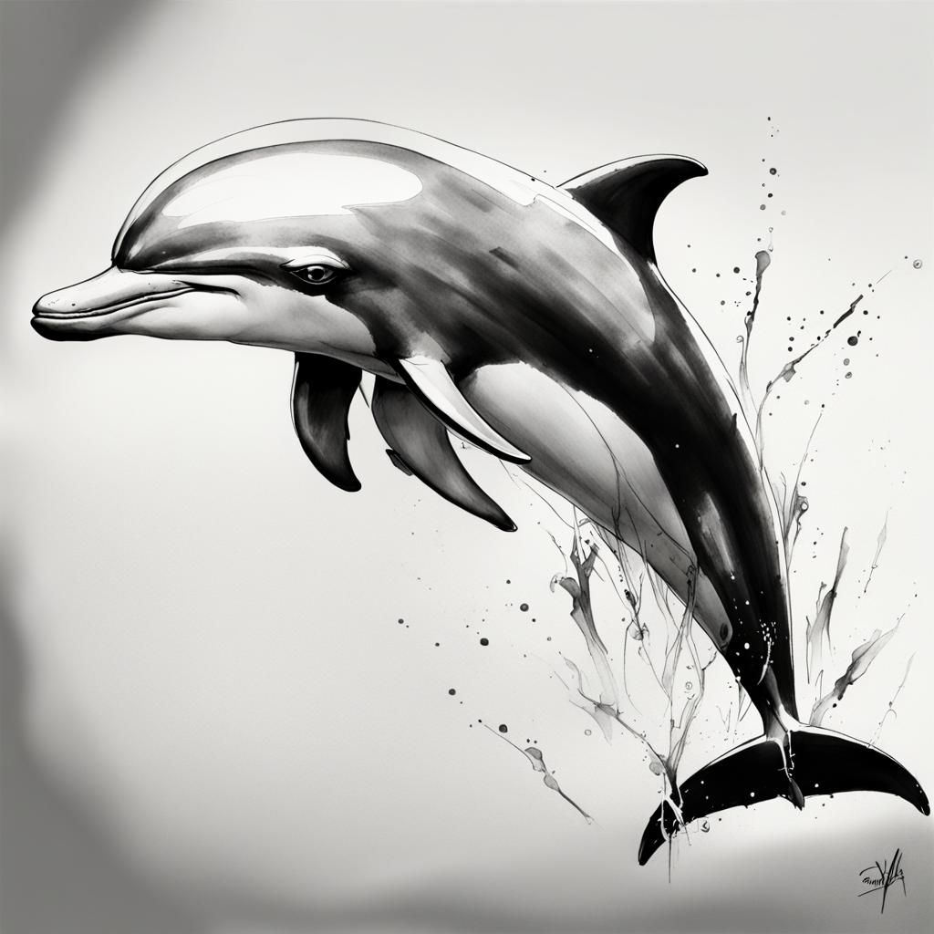 Monochrome Dolphin Drawing in Sumi-e Style