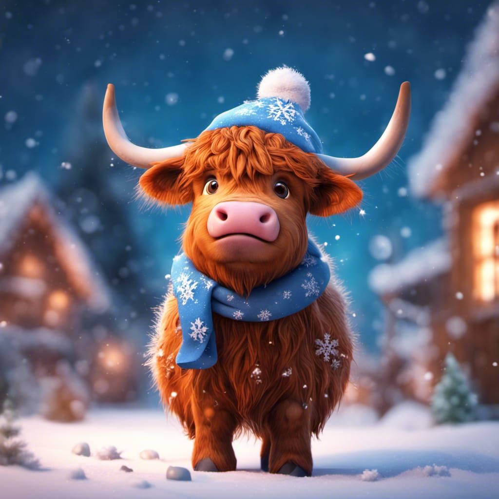Festive Baby Highland Cow in Christmas Snow, 3D Art