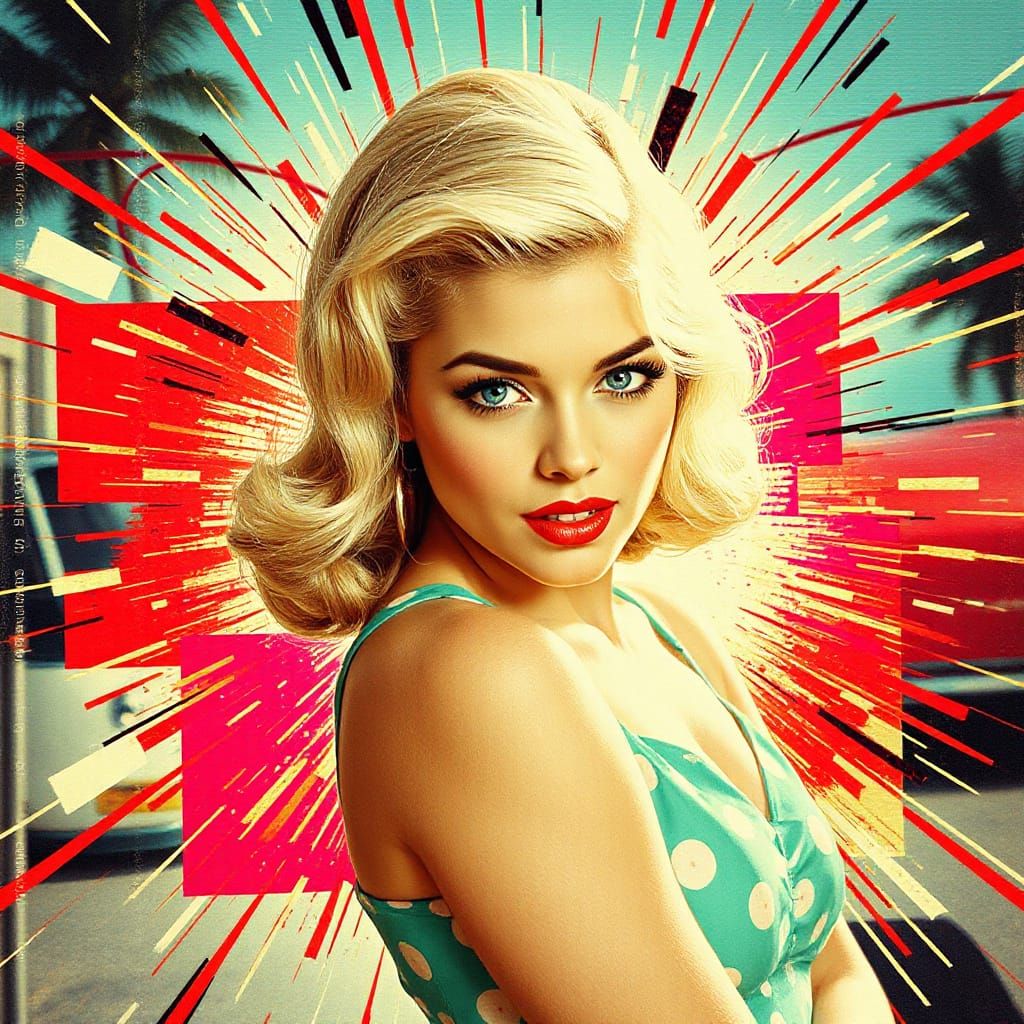 1950s Pin-Up Girl in Glitch Art Explosion
