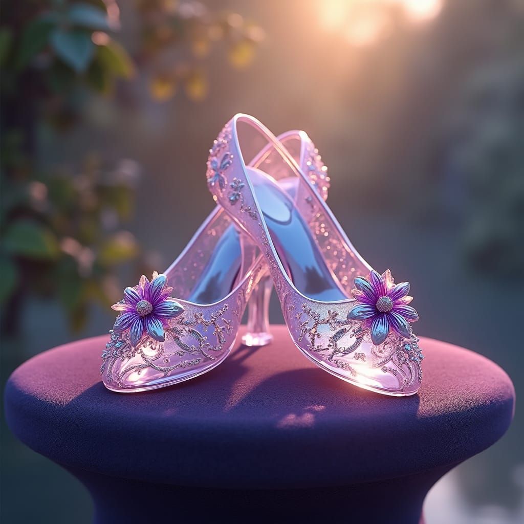 Crystal Glass Slippers with Floral Designs, Fantasy Art