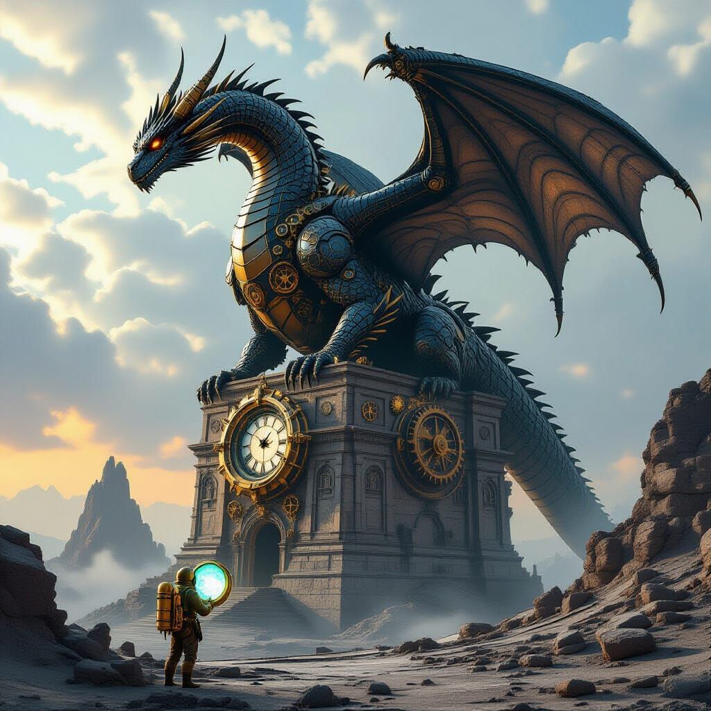Steampunk Dragon Over Crumbling Observatory