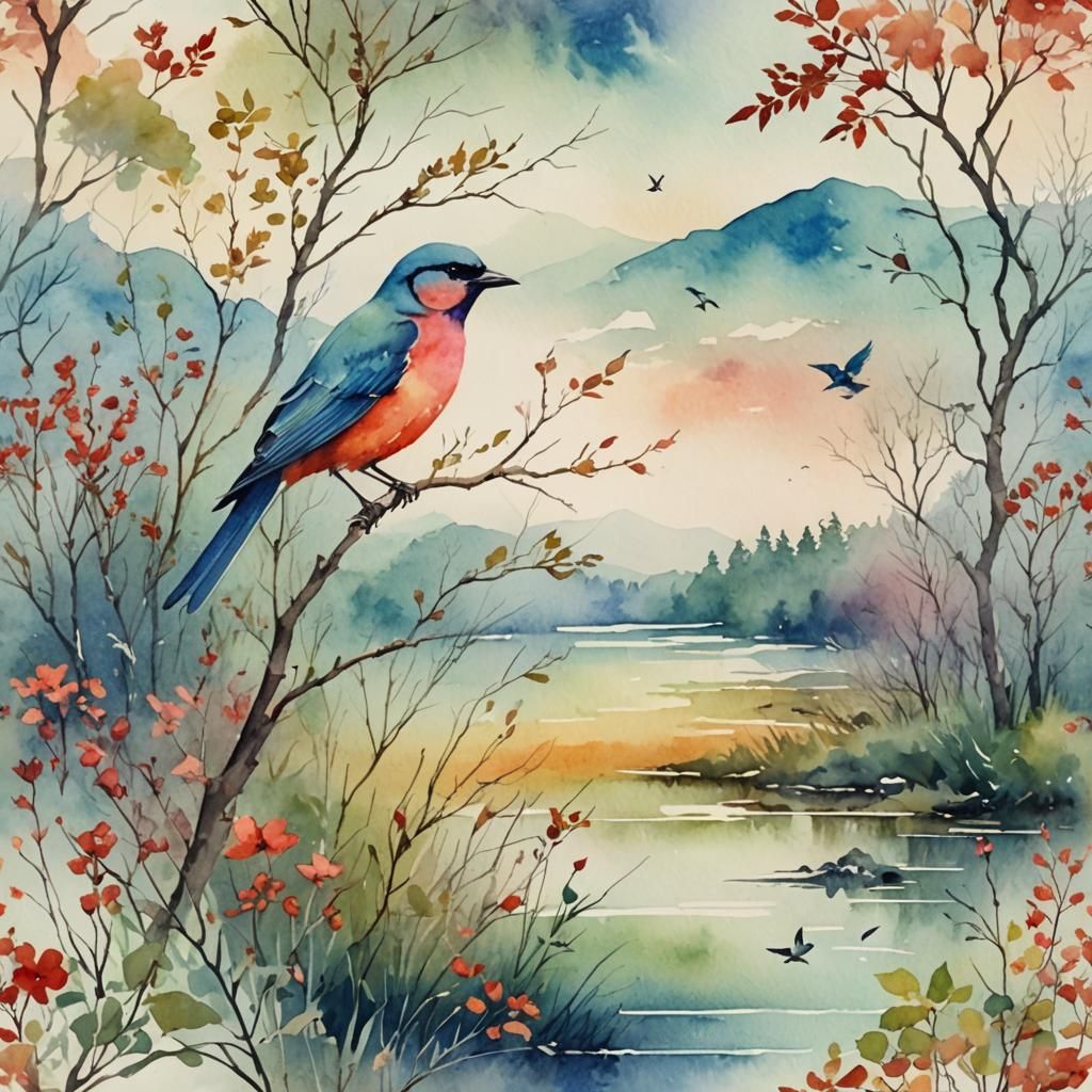 Faded Watercolor Landscape with Bird