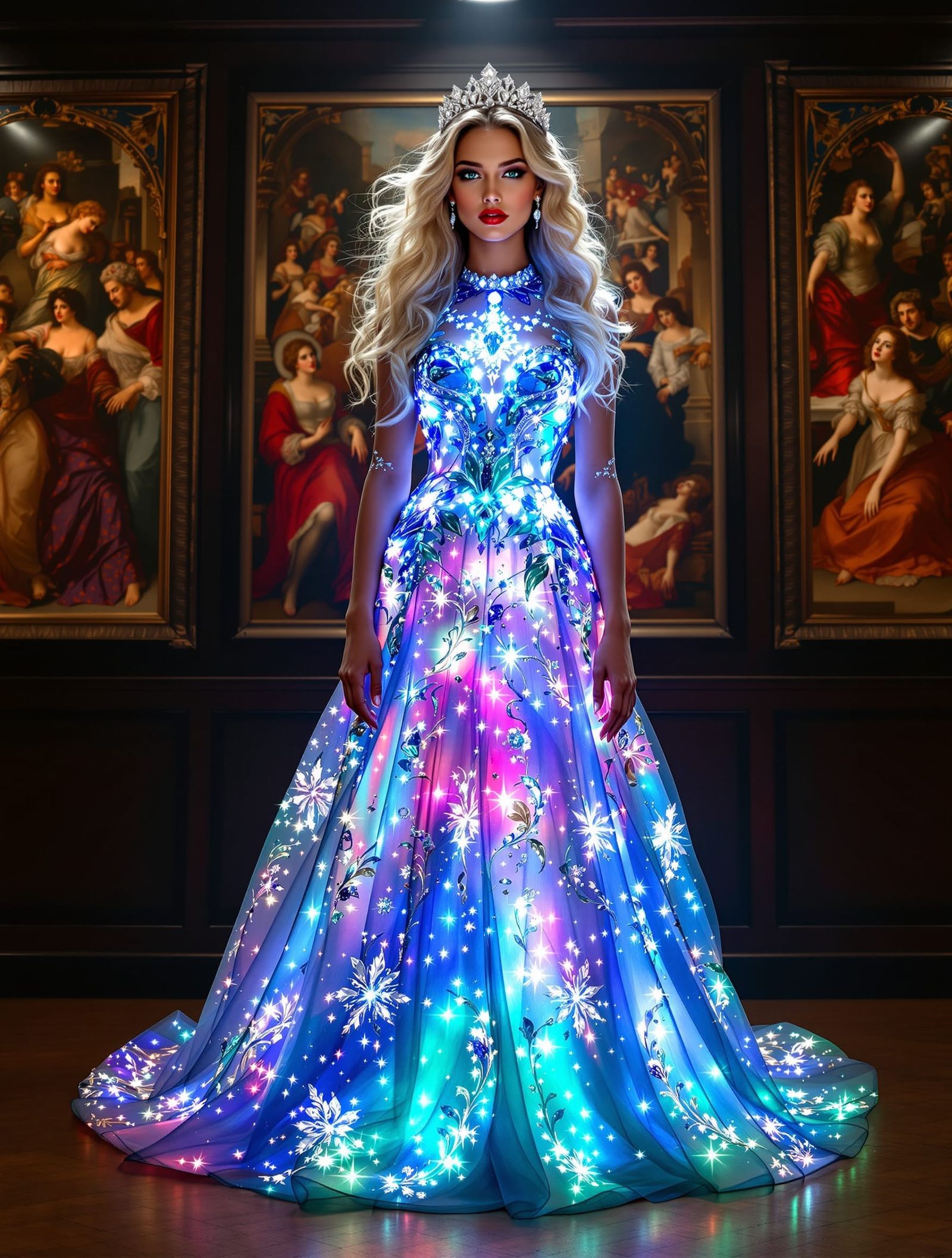 Glowing Woman in Ball Gown with Renaissance Paintings
