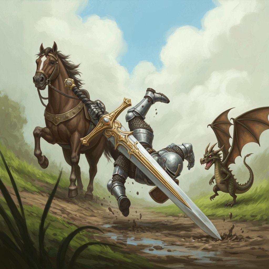 Knight's Failed Charge: Sword Stuck in Mud, Dragon Chuckles