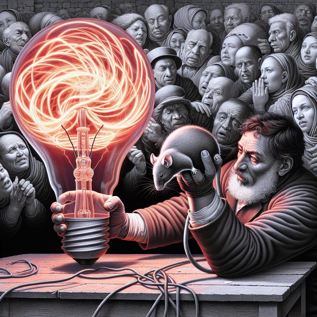 Man Holds Electric Bulbs: Dürer-Style Grayscale