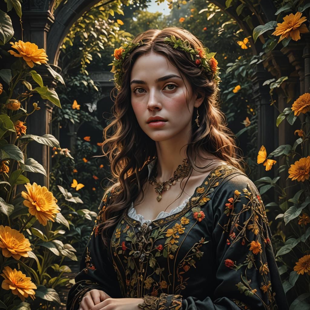 Secret Garden with Woman in Photorealistic Style
