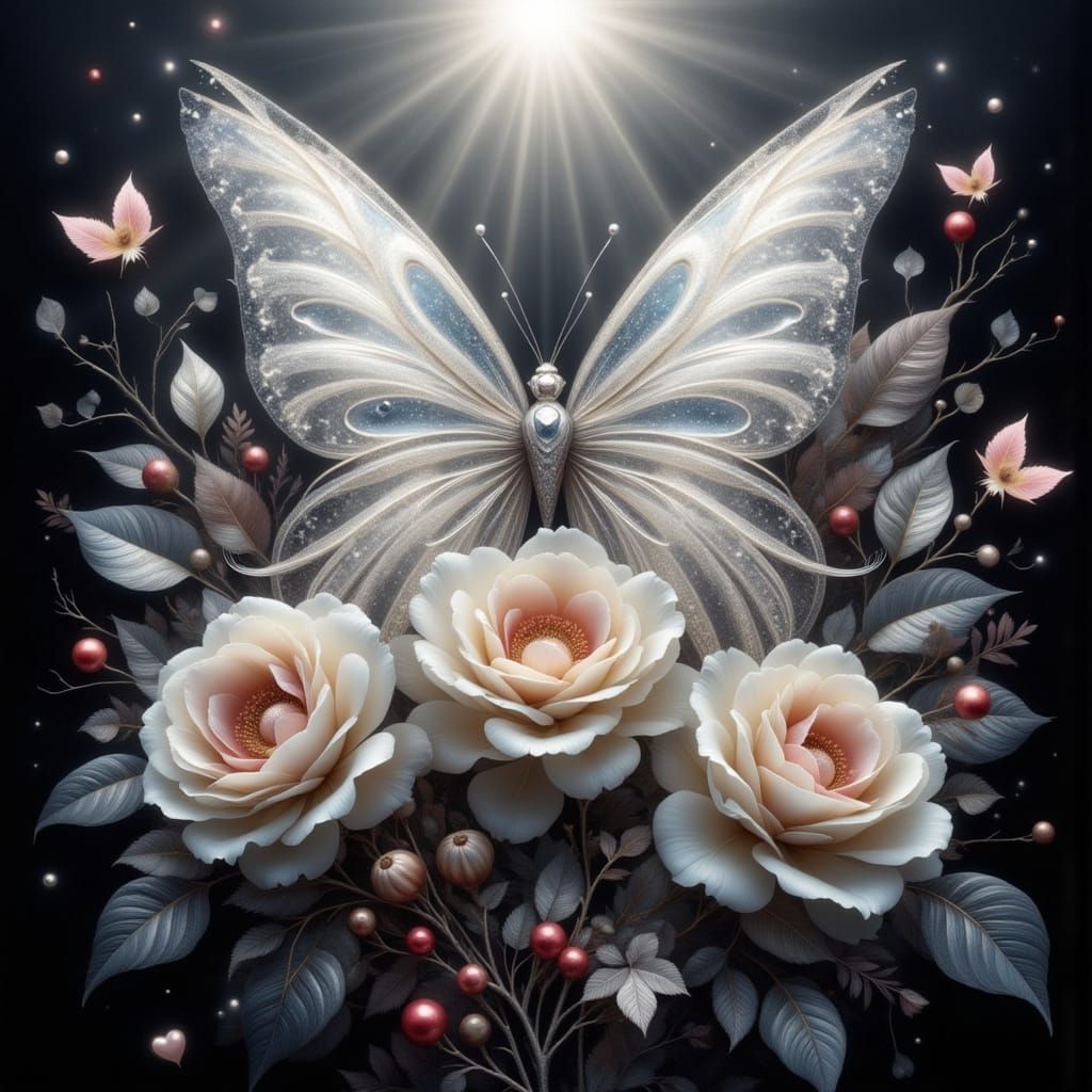 Elegant Butterfly and Roses in Glittering Romantic Style