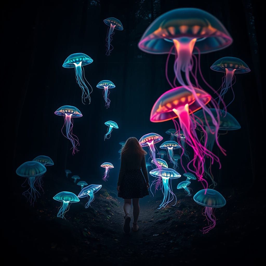 Girl Surrounded by Glowing Jellyfish in Dark Forest Scene