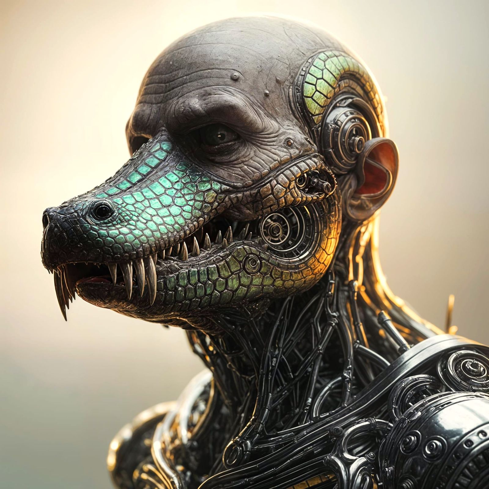 Cybernetic Gator Monster with Iridescent Scales