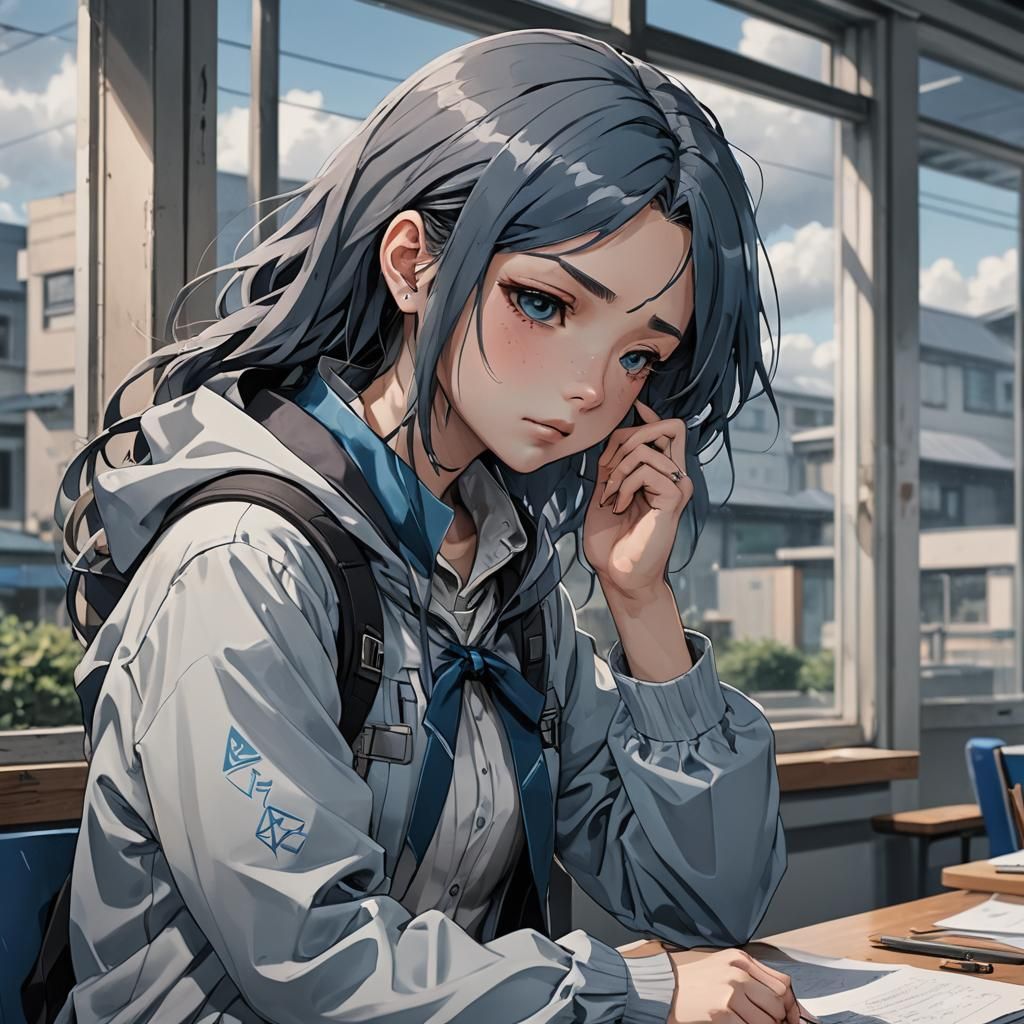 Melancholy Anime Girl in School Concept Art