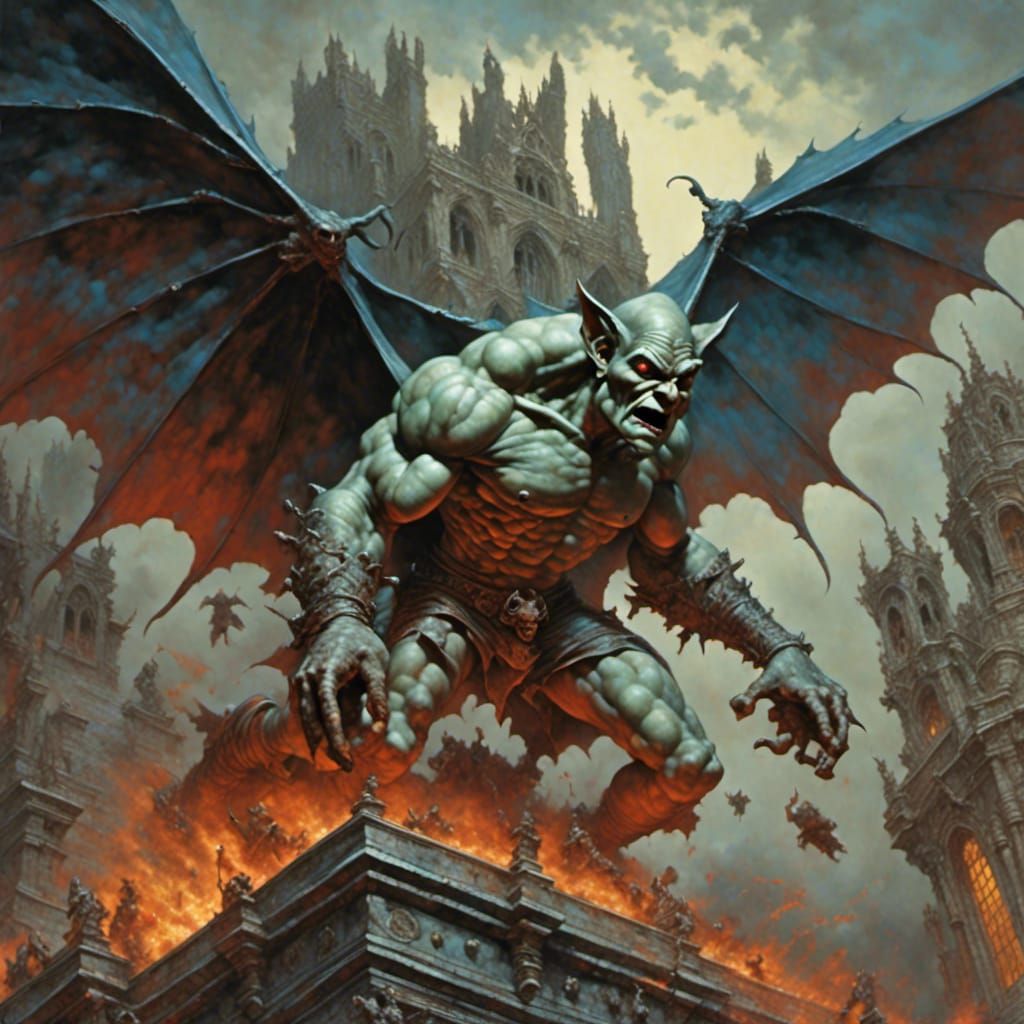 Gargoyle Attacks Hero in Stylized Fantasy Art