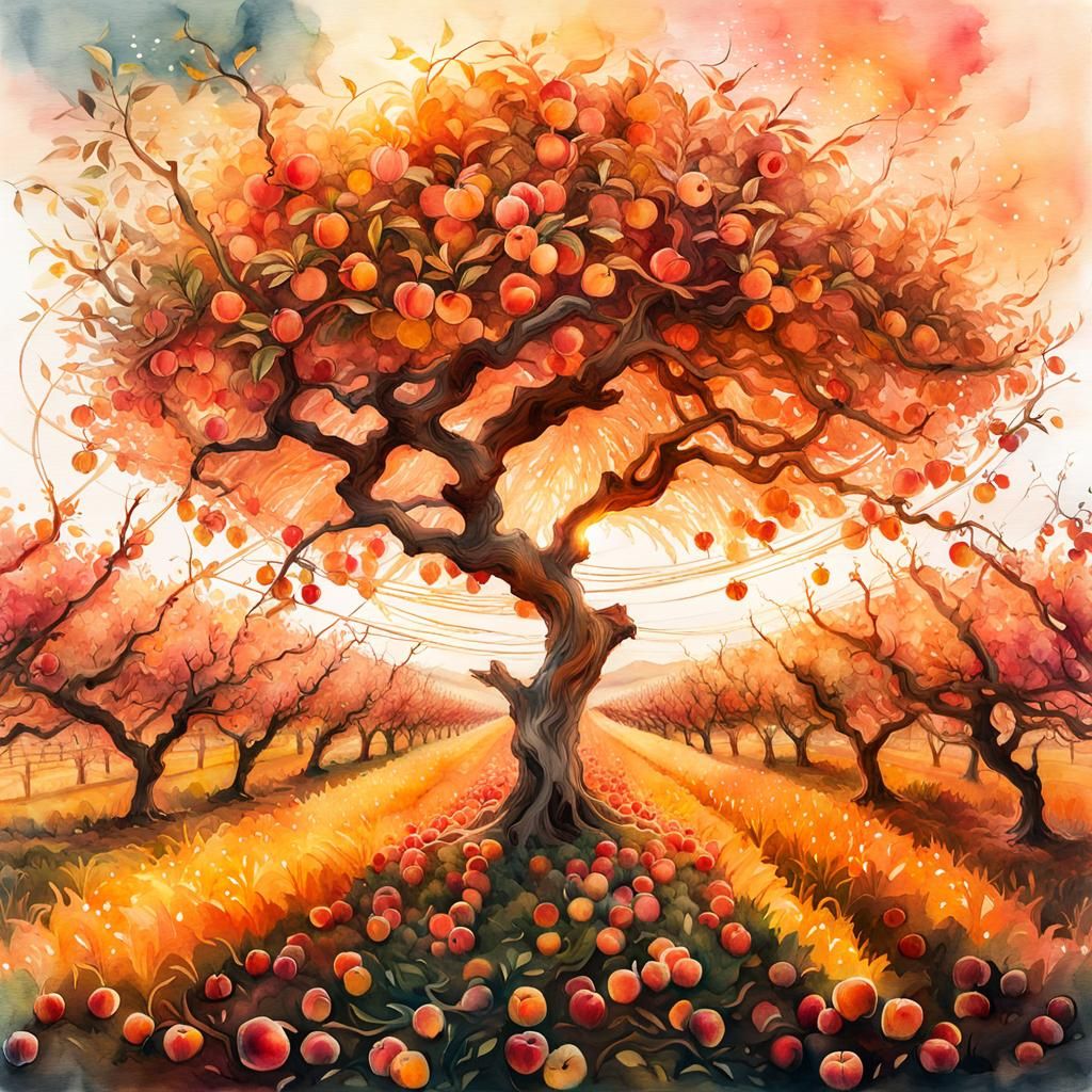 Autumn Peach Orchard in Double Exposure Watercolor