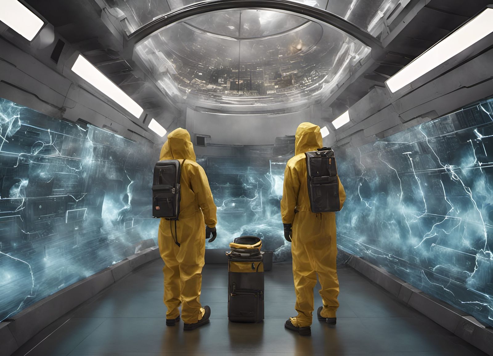 Photorealistic Underground City with Hazmat Suits