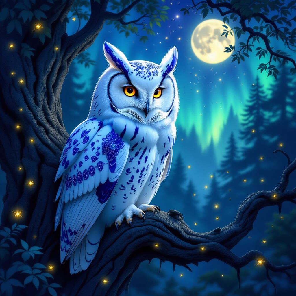 Amethyst Owl in Mystical Forest, Digital Painting