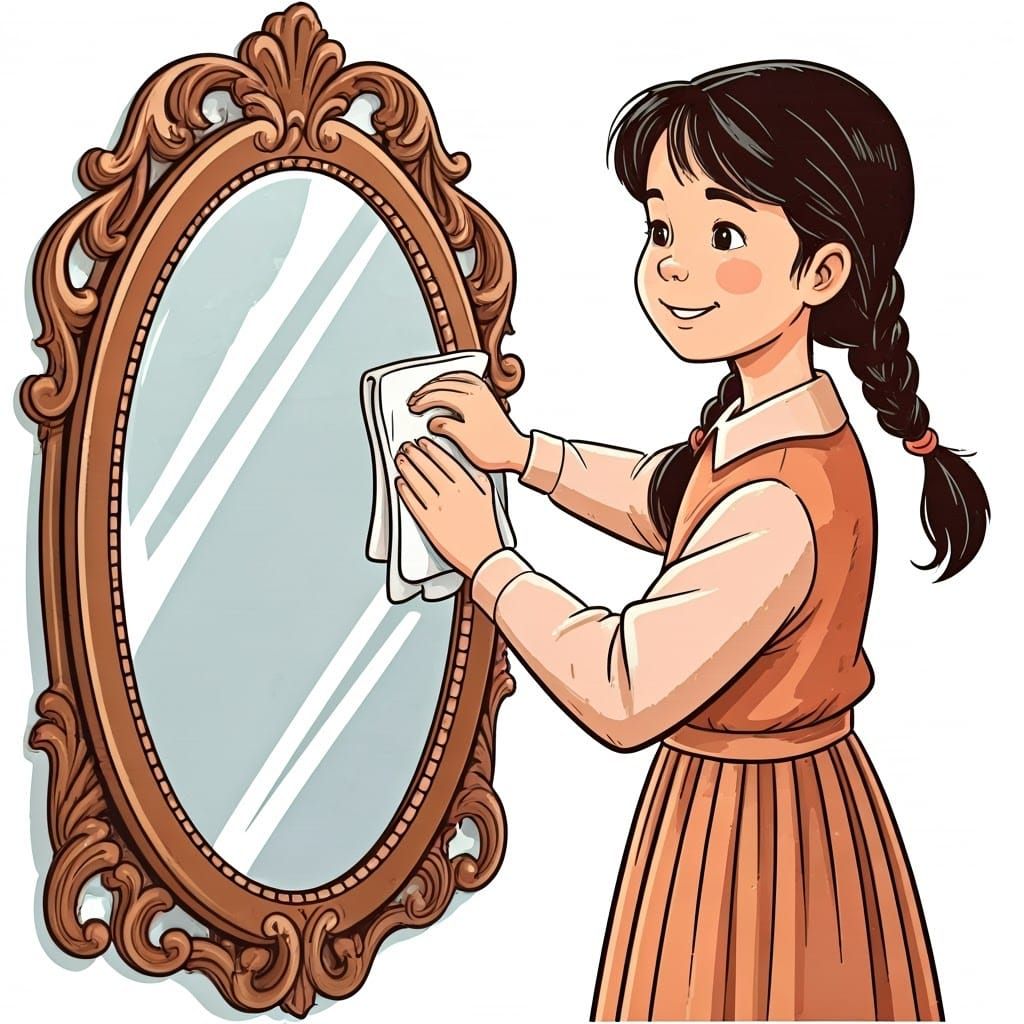 Young Girl Polishes a Classic Mirror with Whimsical Care