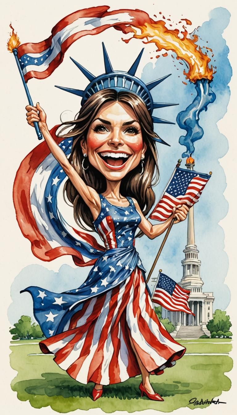 Exaggerated comical caricature :: USA flag :: Sandra Bullock...