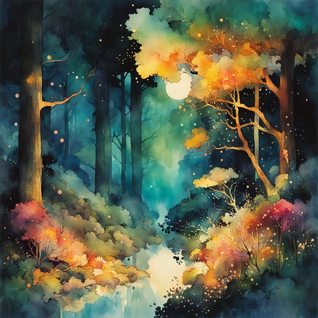 Colorful Forest Portrait with Floating Sparks