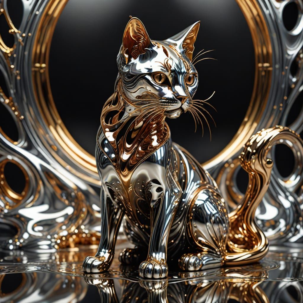 Futuristic Liquid Metal Cat Sculpture in Copper, Silver, and...