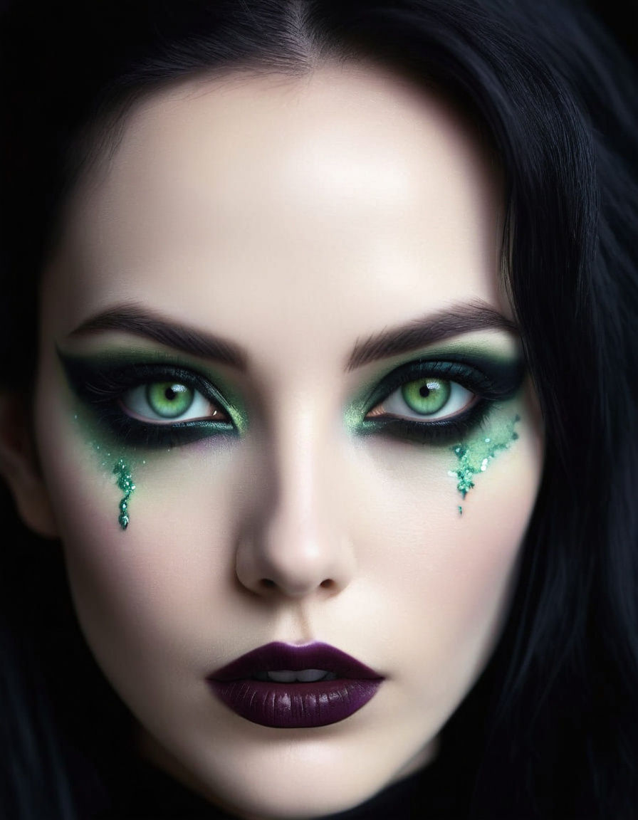 Stunning portrait of Gothic witch lady with black hair and light green eyes with shimmery green eyeshadow with black eye...