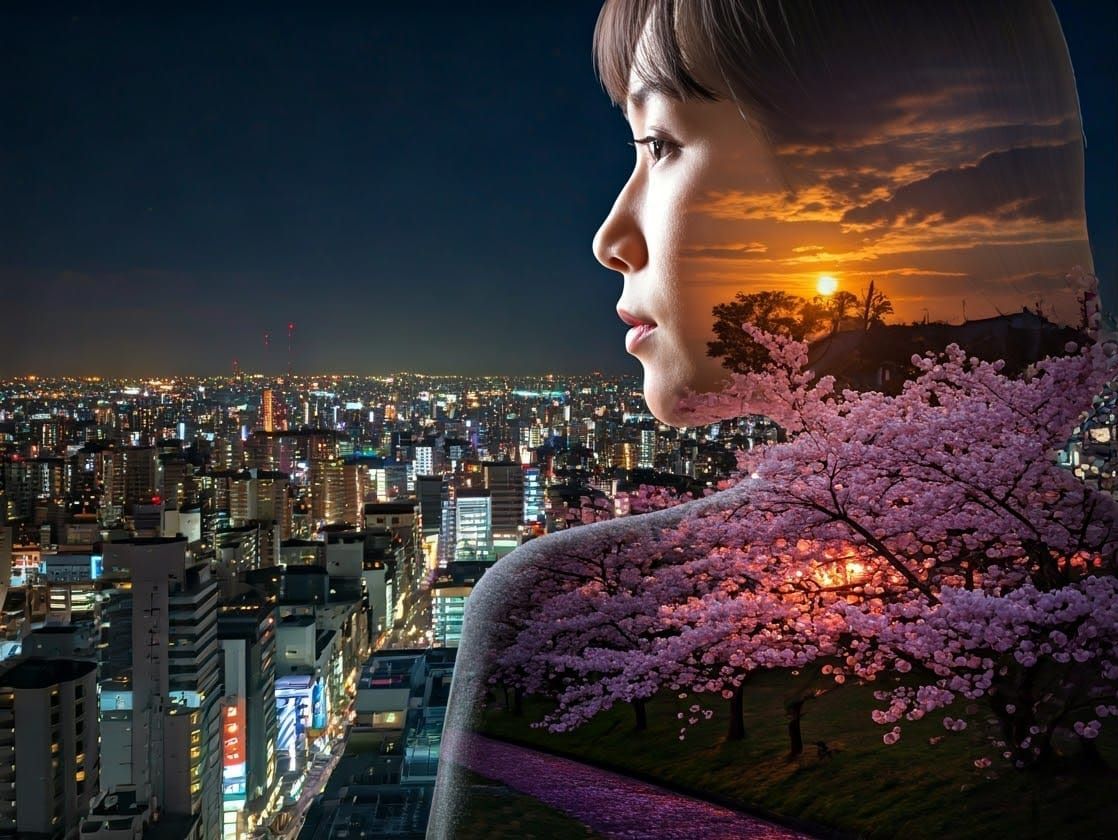 Asian Woman Captured in Double Exposure Osaka Nighttime Scen...