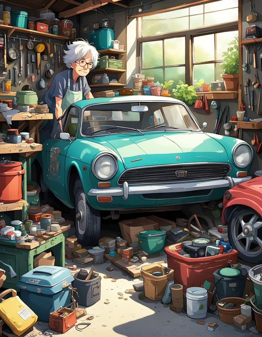 Anime Grandmother Fixing Car in Garage