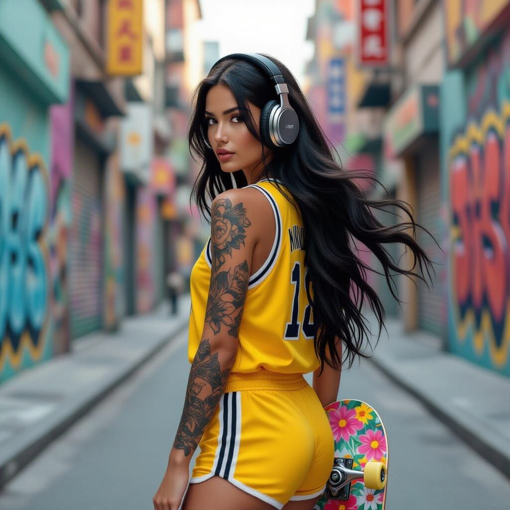 Woman with Headphones in Vibrant Graffiti Alley