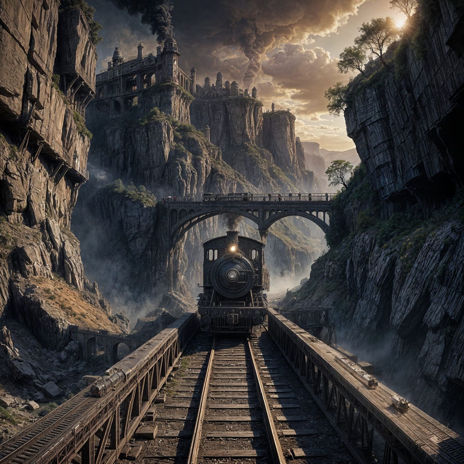 Vintage Steam Train at Golden Hour Bridge Crossing