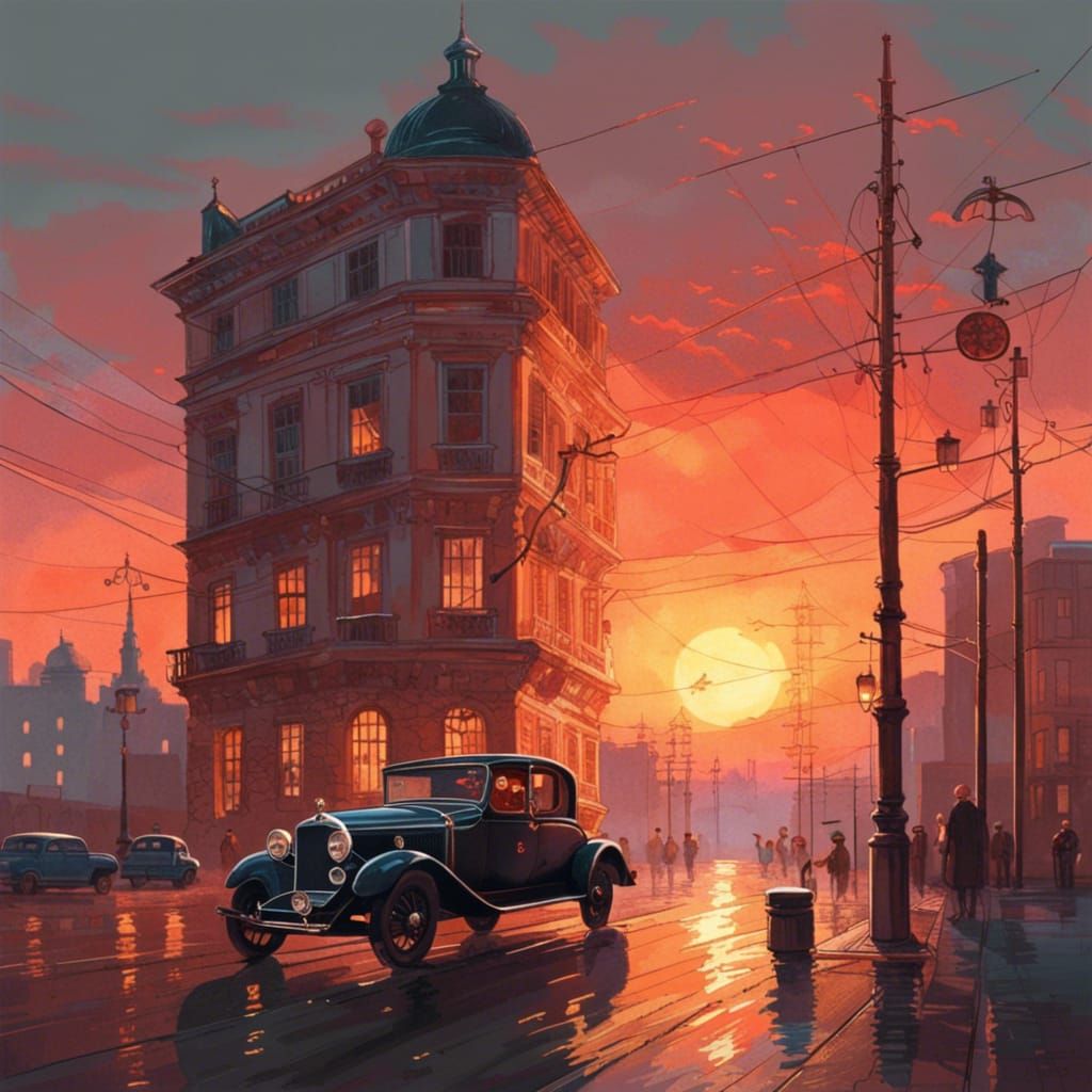 Vintage Car at Sunset: Digital Art
