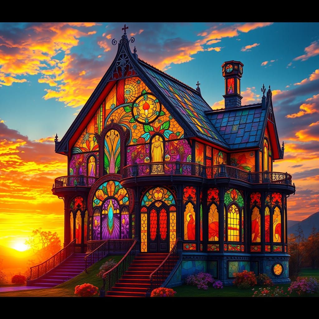 Majestic Stained Glass House in Vibrant Sunset Colors
