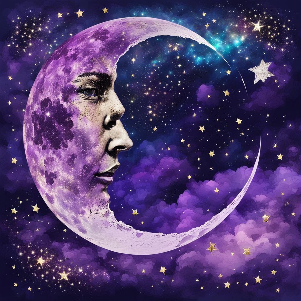 Purple Moon in Glittering Galaxy: Abstract Art