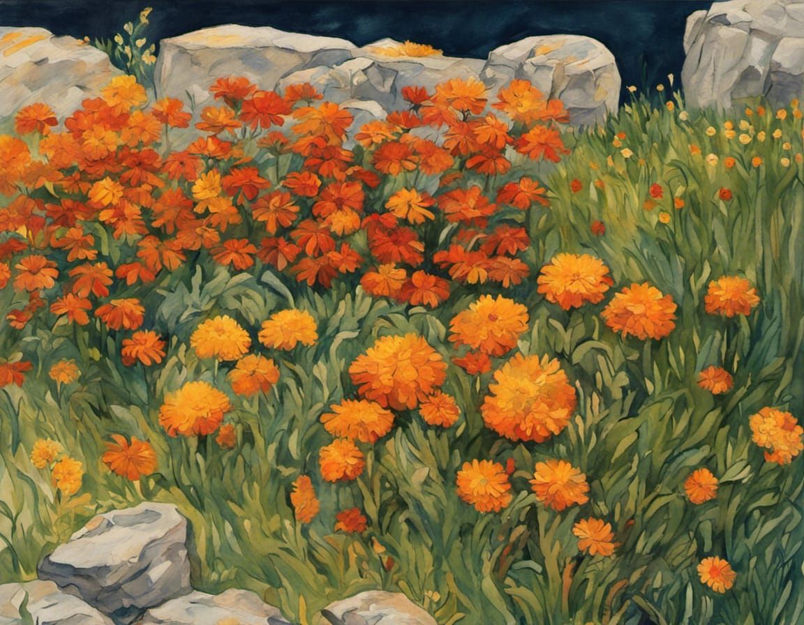 Autumn Marigold Garden in Van Gogh Style