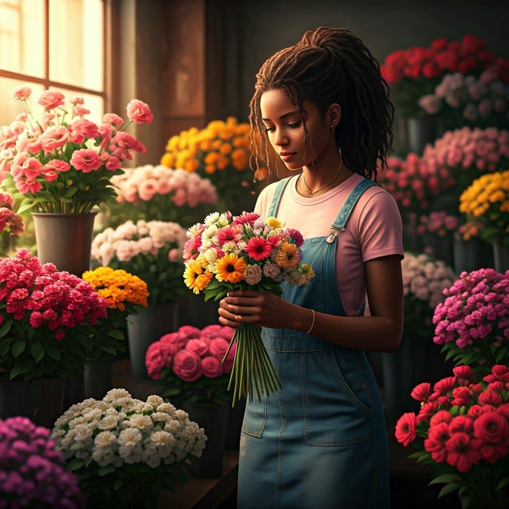 Girl in Faded Denim Sundress Crafts Bouquet in Vibrant Flowe...