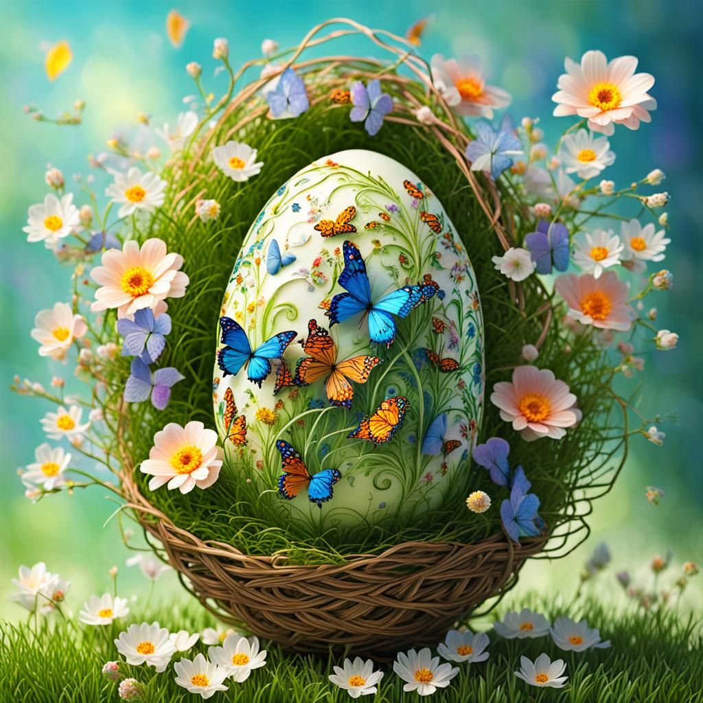 Ornate Easter Egg with Spring Flowers and Butterflies