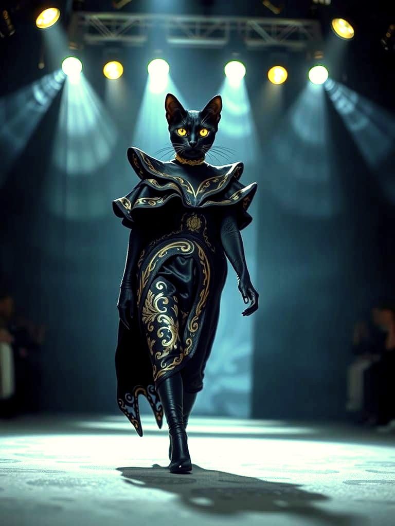 Elegant Feline Fashionista Struts on the Catwalk in a Dreaml...