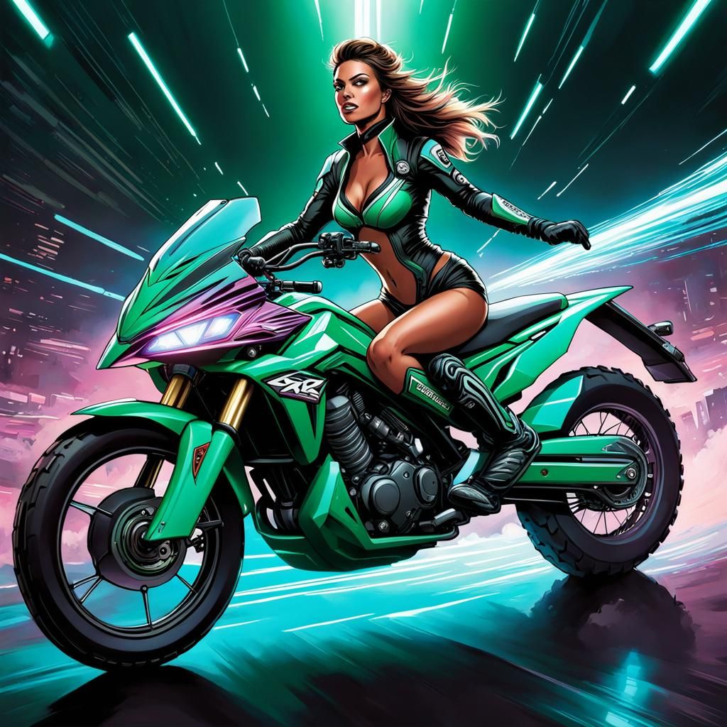 Turtle-Headed Woman Rides Futuristic Dirt Bike