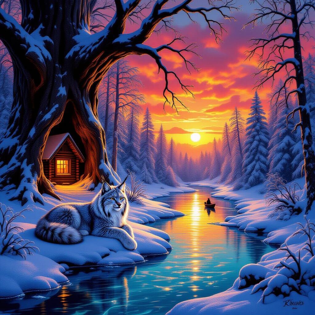 Majestic Lynx in Frosted Forest at Sunset, Oil Painting Styl...