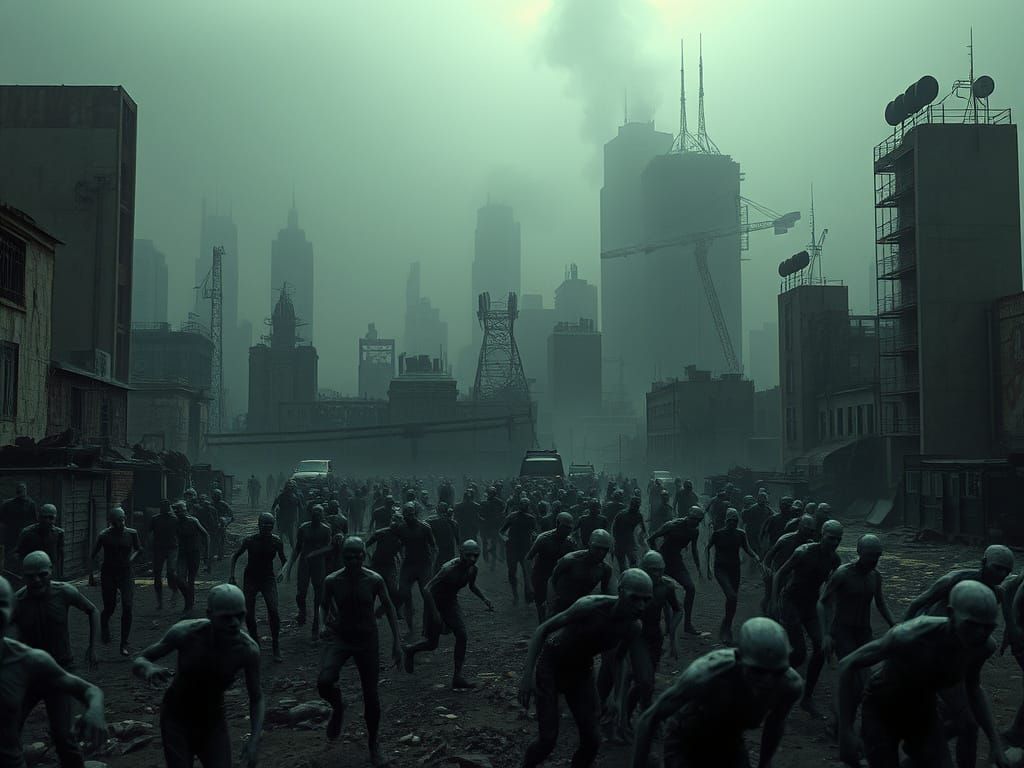 Post-Apocalyptic Cityscape in Dark, Cinematic Style