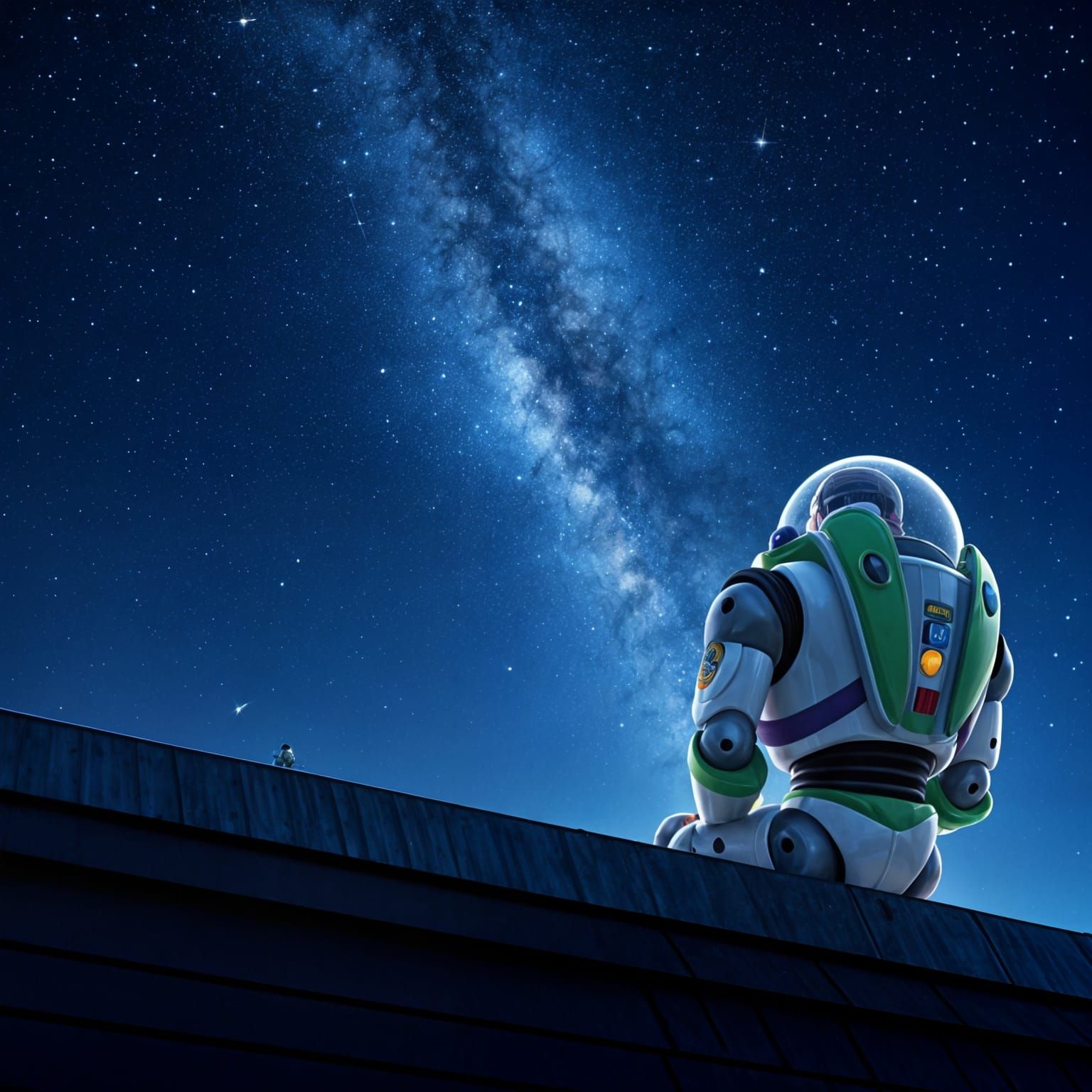 Buzz lightyear looking up at a sky full of stars